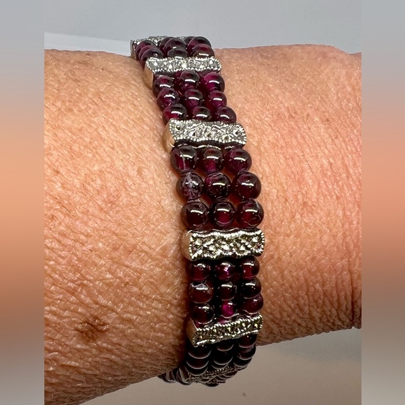 Jewelry - Vintage Marcasite, silver and Red Garnet Triple Row Beaded Bracelet